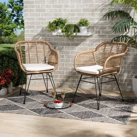 BAXTON STUDIO Giorgia Modern Beige Fabric Upholstered and Brown Synthetic Rattan Patio Chair, PK2 202-2PC-12306